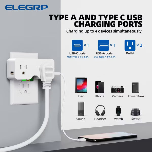 ELEGRP USB Wall Outlet Extender, with USB C & USB A Ports (4.2A in Total),2 Prong to 3 Prong Grounding Adapter Plug, 125V, White, 1 Pack