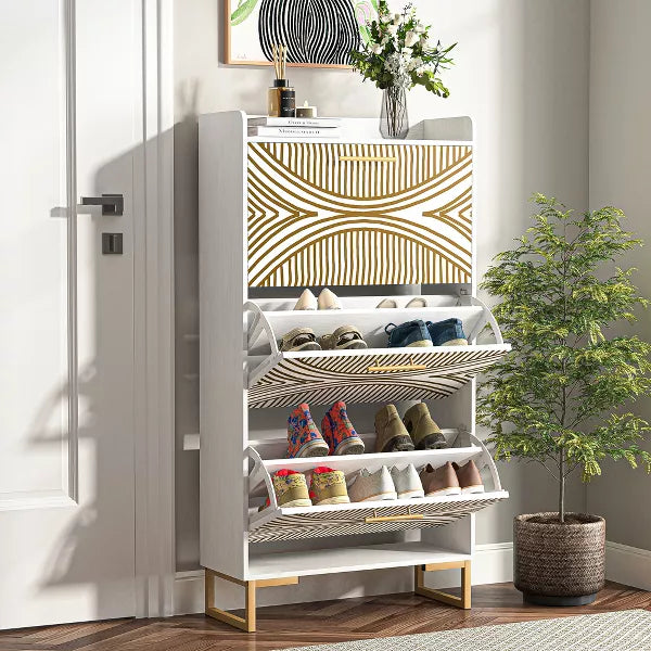 Resenkos Yardi Yard Wood Shoe Storage Cabinet, Narrow Closet Shoe Organizer Rack for Entryway, Beige