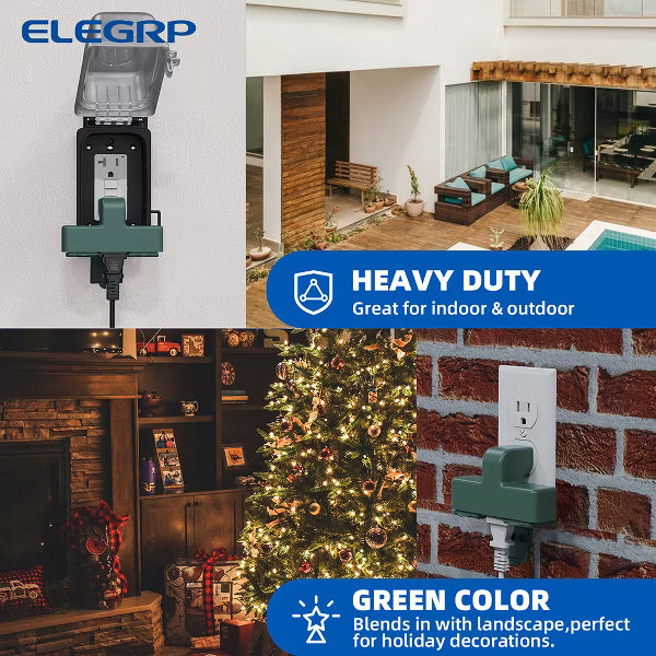 ELEGRP 3 Prong Weatherproof 3-Outlet Extender Adapter, Heavy Duty Triple Grounding Outlet Power Extender with Dust proof Cover, ETL Listed, Green 2PC