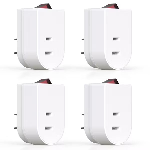 ELEGRP 15 Amp 125-Volt 3 Prong Grounded Single Outlet Adapter Plug with Red Indicator On/Off Switch, White( 4-Pack)
