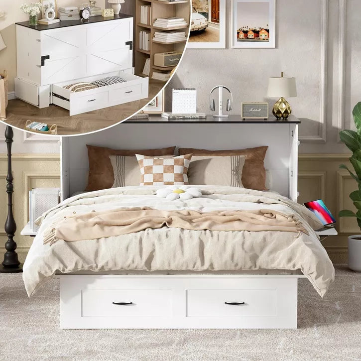 PAKASEPT Queen Murphy Bed, Murphy Cabinet Bed with Storage &Charging Station, Bed Frame with Foldable Panel and Hidden Space, for Bedroom/Guest Room