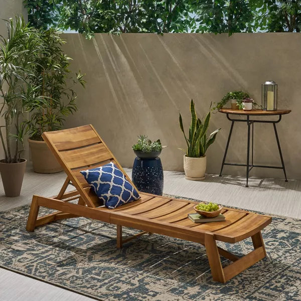 Wooakway Modern Rustic 79"L Slatted Acacia Wood Patio Chaise Lounge with Adjustable Reclining Backrest for Poolside Yard Terrace Deck Balcony Lawn