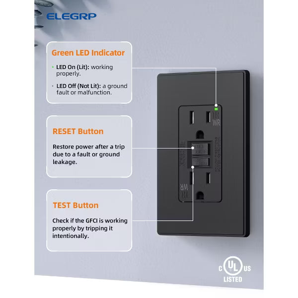 ELEGRP GFCI Outlet Self-Test, 15 Amp 125V Weather Resistant Duplex wall outlet, Wall Plate included, UL Listed