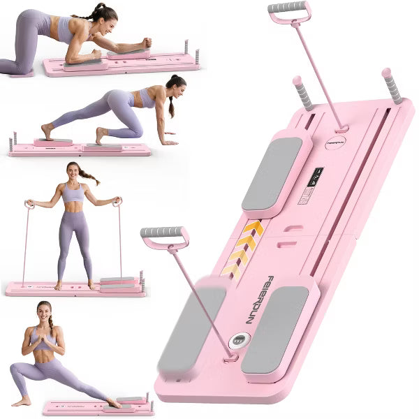 FEIERDUN 5 in 1 Folding Pilates Board, Pilates Reformer Set with 300 LBS Weight Capacity, Portable Home Pilates for Woman (Pink)