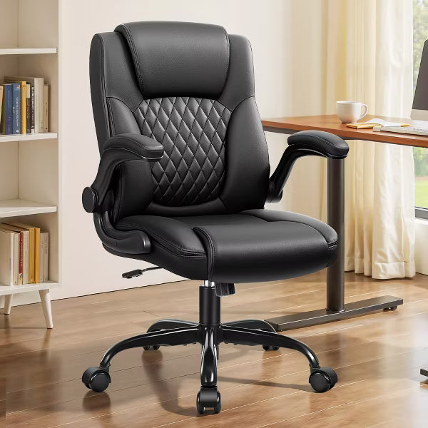 PU Leather Executive Office Chair, Ergonomic High Back Office Chair with Adjustable Height, Flip-Up Armrests Comfortable Seat for Home Office,Black