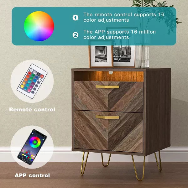 Resenkos Modern Night Stand with Mobile APP Remote Light, Jointed Wood Grain Bedside Table for Bedroom Rustic Brown