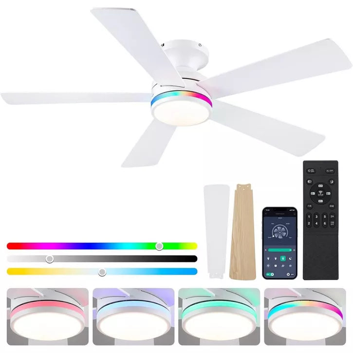 46 Inch Low Profile Ceiling Fan with 5 Blades 3 Color Temperature LED for Bedroom Living Room