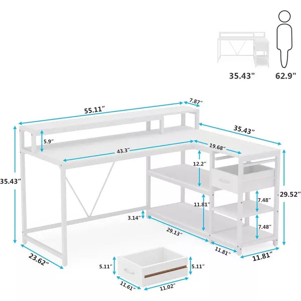 Tribesigns Reversible L-shaped Computer Desk with Drawer, Corner Desk Table with Storage Shelves and Monitor Stand for Home Office