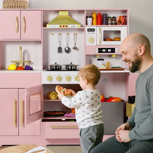 Kinder King Wooden Kids Play Kitchen, Toy Kitchen Playset for Toddlers, Realistic Kitchen Set with Sounds, Gift for Boys and Girls Age 3+