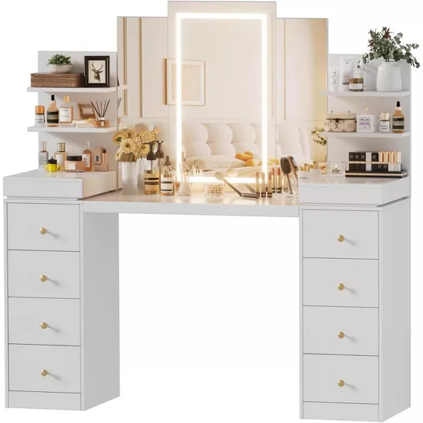 PAKASEPT Makeup Vanity with Mirror and LED Lights, 55" Makeup Table with 10 Drawers, Hidden Drawers and Open Shelves, 3 Modes Brightness Adjustable
