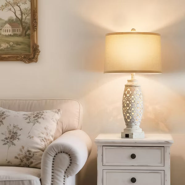 GTCLIGHTING 28.5'' Farmhouse Table Lamp for Living Room Bedroom, Nightstand Desk Lamp with 2 USB Ports , White Hollow Out Resin Lamp