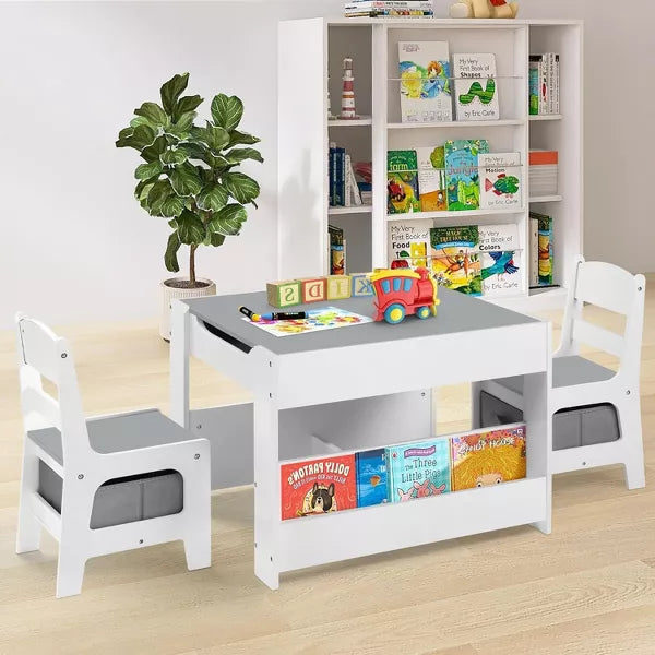 Kinder King Kids Wood Table & 2 Chairs Set, 4 in 1 Children Activity Table w/Double Bookcase, Blackboard, Toddler Furniture Set