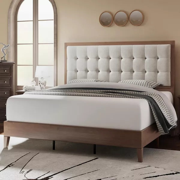 Wood Platform Bed Frame Upholstered Tufted Headboard, Solid Wood Bed