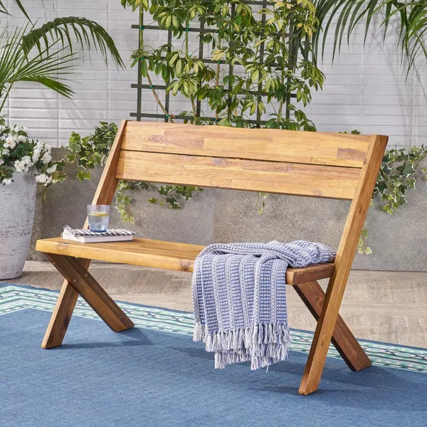 Wooakway Rustic 48" L Sandblast Teak Finished Acacia Wood Patio Bench with Reclined Seat Back Classic Slat Panel Durable Solid Hardwood Frame