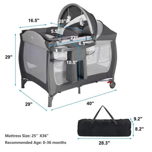 Kinder King 4-in-1 Portable Pack 'n Play with Bassinet, Changing Table, Adjustable Canopy, Storage Basket & Travel Bag – Infant to Toddler Playard