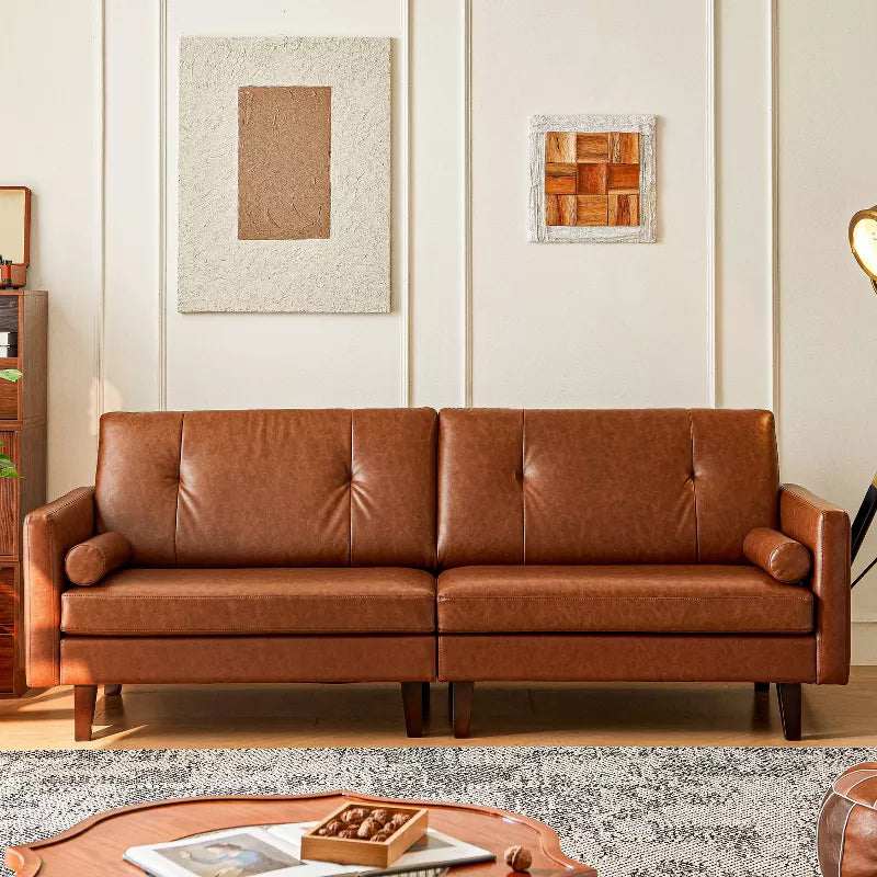 ATJafurn 86 inch Genuine Leather Sofa, Mid-Century Modern Upholstered Sectional Couch Retro Luxurious Loveseat for Living Room Bedroom Office