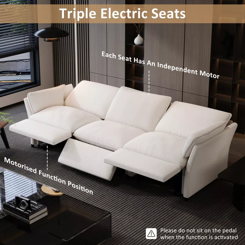 ATJafurn Electric Power Reclining Sofa Couch White Chenille With 3 Independently Adjustable Motors, USB Charging and Pillow Armrest for Living Room