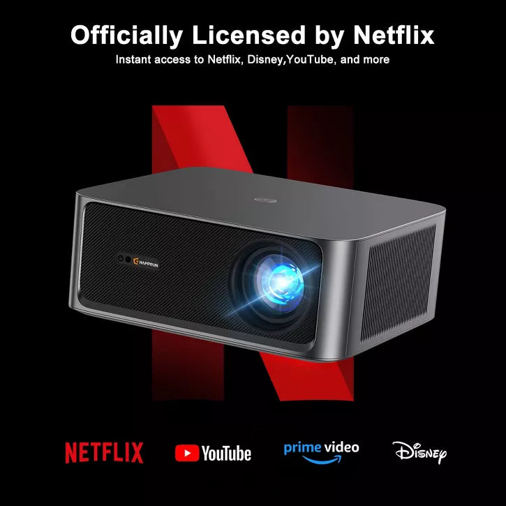 2500 ANSI Lumen Official Netflix Licensed 4K UHD Smart Projector, HAPPRUN Home Theater with Dolby Audio