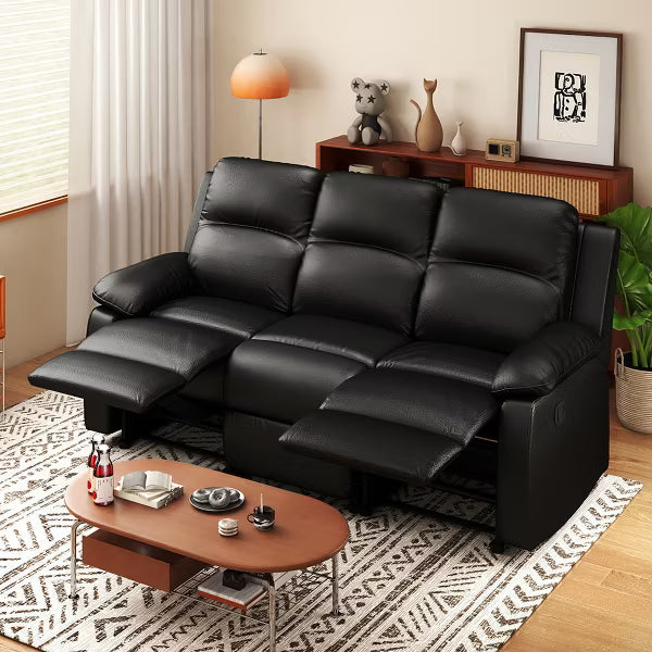 KERDOM 3-Seater Manual Recliner Sofa, PU Leather Reclining Couch, 3-Position Reclining Living Room Sofa,Black