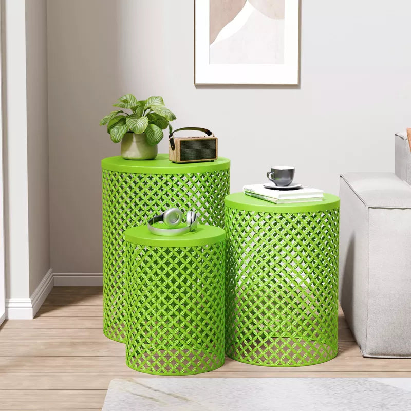 GlasFlength Patio End Tables, 2PCS Modern Cutout Patio Accent Table, Iron Side Table Weather Resistant, Iron Frame Patio Furniture, Green 14.5"*19.25"