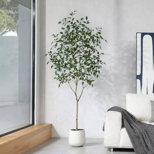 DR.Planzen 5-7FT Faux Ficus Tree with Oval White Planter, Pre Potted Faux Greenry Tree for Home Decor