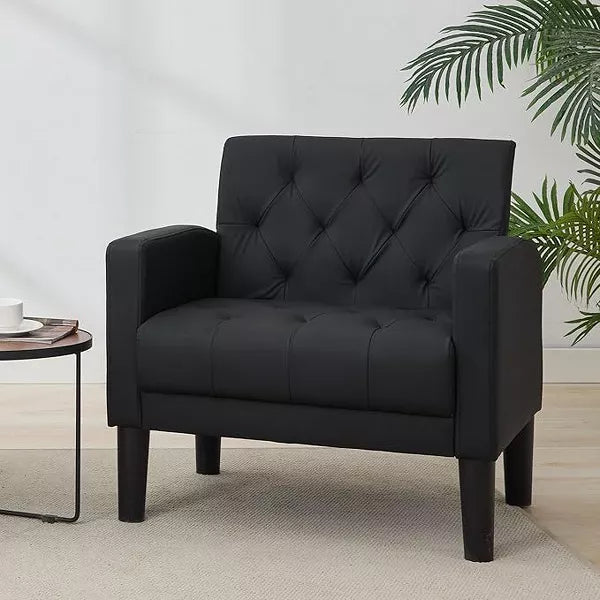 TYBOATLE Tufted Black Leather Accent Chair, Mid-Century Armchair for Office, Living Room, Bedroom