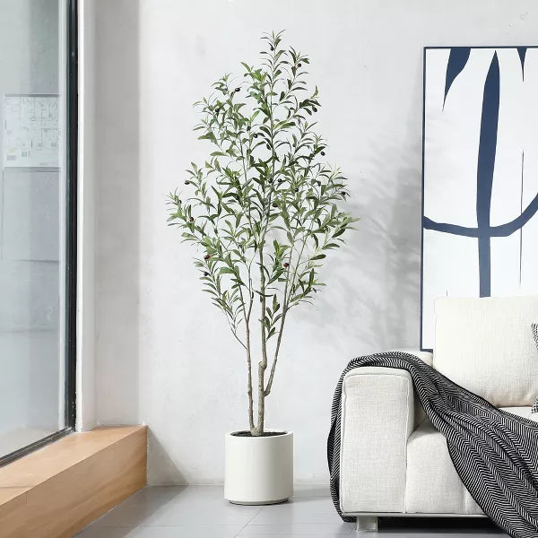 DR.Planzen Artificial Olive Trees, 5-7FT Tall Fake Olive Trees for Indoor, Large Olive Plants with White Planter for Home Decor and Housewarming Gift