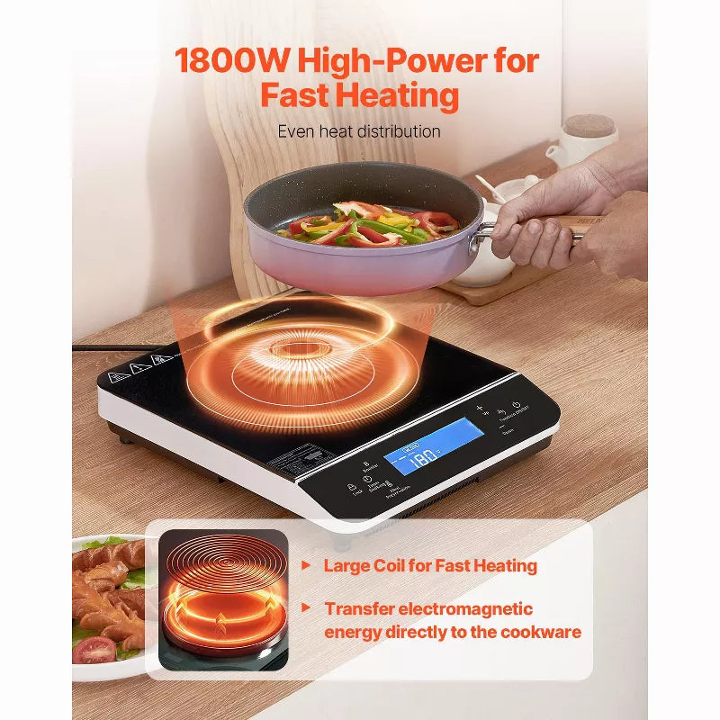 VEVOR Portable Induction Cooktop, 1800W Electric Induction Burner with 9 Temperature Settings, Countertop Induction Hot Plate with 4H Timer