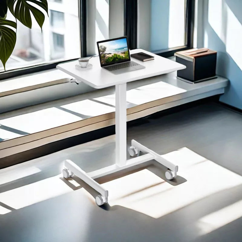 Bencmate Desks Mobile Small Standing Desk Adjustable Height, Portable Roller Desk with Wheels, Laptop Standing Desk, White, 25.7"*19"*28.5"