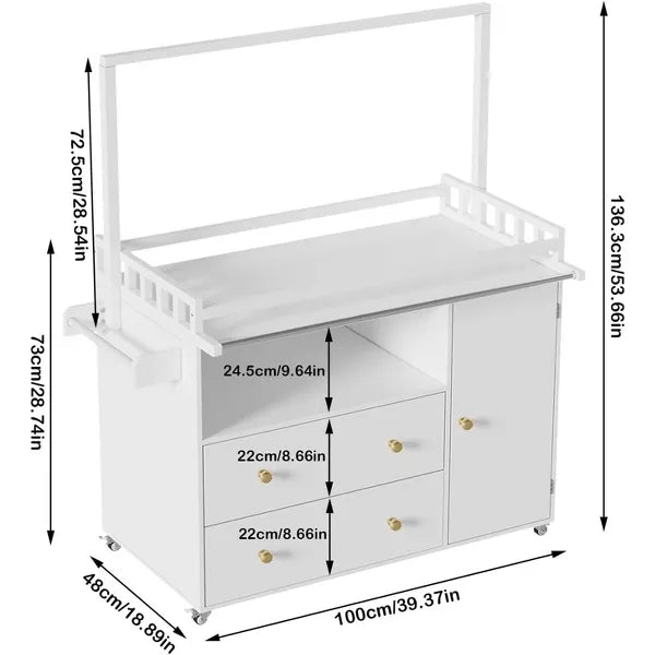 PAKASEPT Baby Changing Table, Infant Diaper Changing Station with Wheels, Table Top & Clothes Rail, and 2 Drawers and Cabinet