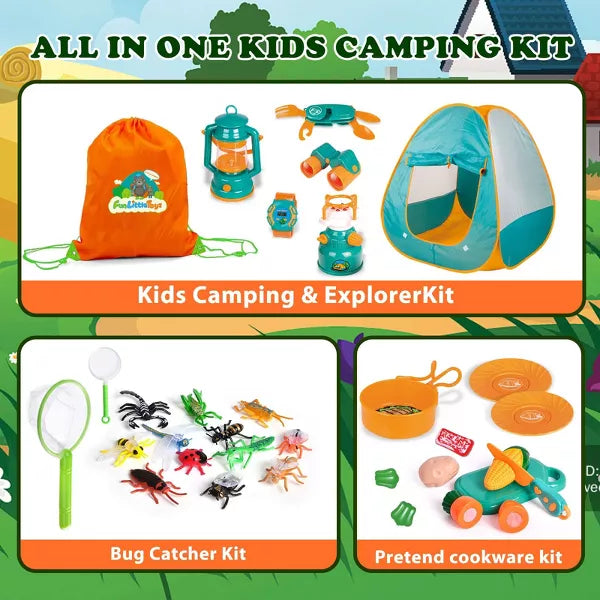 Kids Camping Set with Pop Up Play Tent Camping Toys with Battery Lantern and Drawstring Bag Indoor Outdoor Pretend Play, Christmas Birthday Gifts