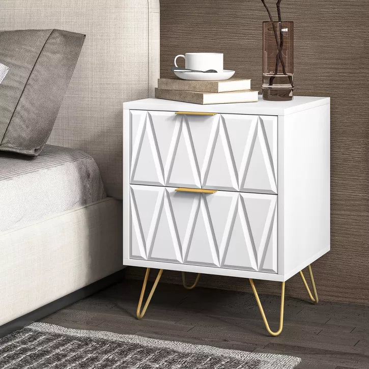 CIPACHO 2 White Modern Bedroom Night Stands with 2 Drawers Wood & Golden Metal Legs Also for Living Room