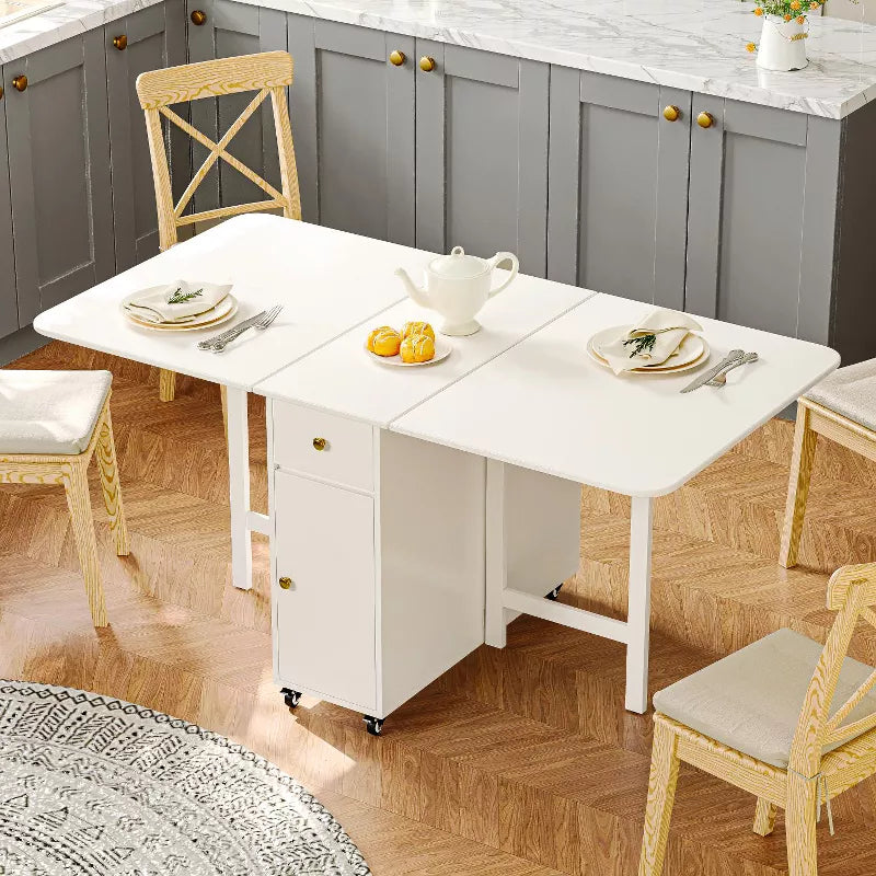 ATJafurn 58.9'' Folding Table No Assembly Required, Rectangular Wooden Extendable Dinning Table With Wheels And Storage