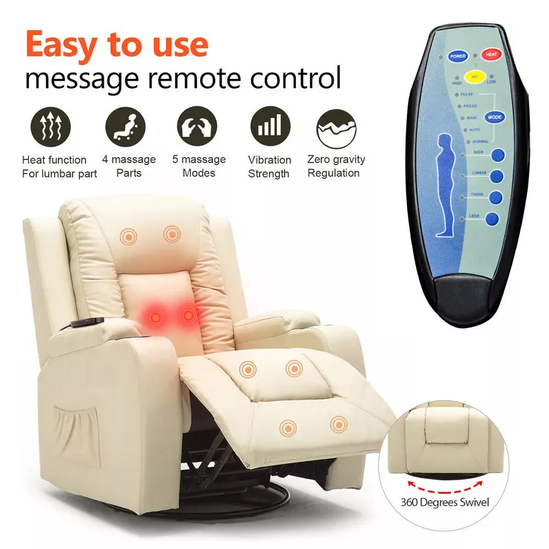 COMHOMA Swivel Rocker Recliner Chair PU Leather Rocking Sofa with Heated Massage
