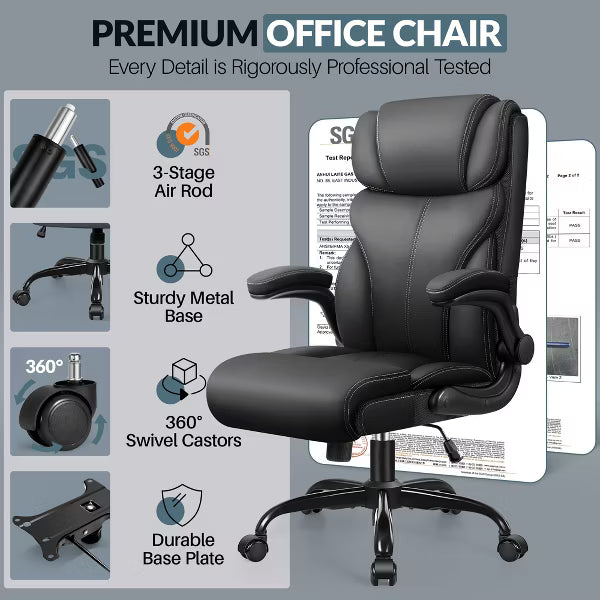 KERDOM Office Chair Big and Tall 400lbs, High Back Executive Office Chair Flip Up Arms, Breathable Leather Home Office Computer Desk Chair, Black