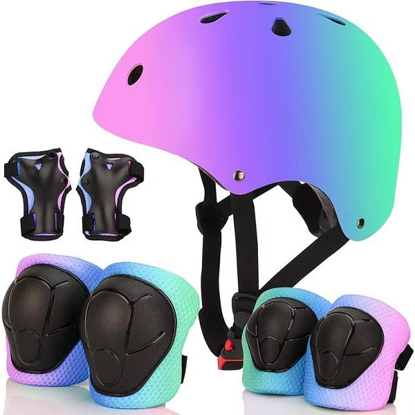 Evita Color Gradient Adjustable Bike Helmet with Knee and Elbow Pads - Kids for Ages 3-14, Pink purple blue, S