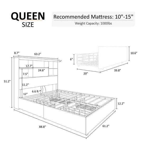 AMERLIFE Bed Frame with 51.2" Storage LED Bookcase Headboard, 4 Storage Drawers & Charging Station