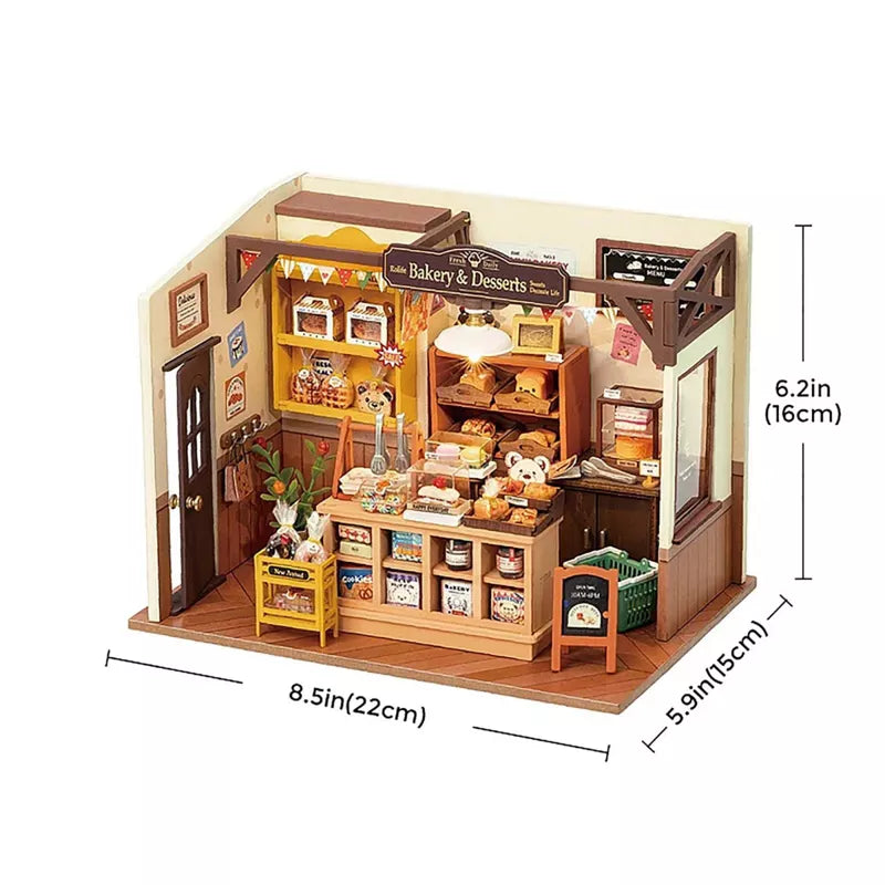 ROBOTIME DIY Miniature Dollhouse Kit Becka's Baking House Birthday, Brown, 8.5"*5.9"*6.2"