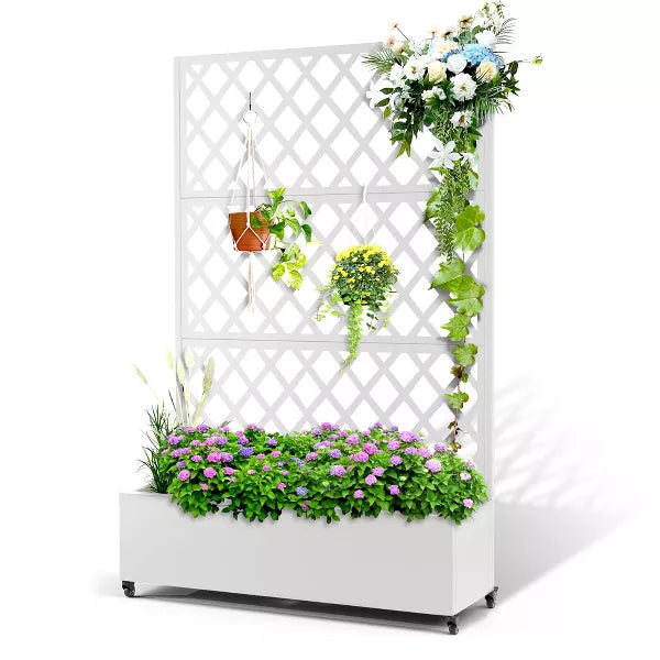 TOAOTBNBO Metal Raised Garden Bed with Diamond Lattice Trellis, Outdoor Planter Box with Wheels, Galvanized Garden Box for Patio