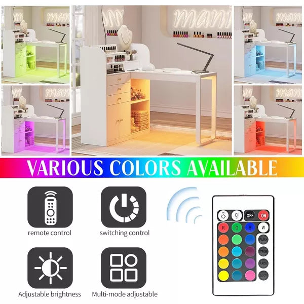 PAKASEPT Manicure Table with Led Light, Nail Desk Makeup Dressing Nail Station with Storage Drawers & Cabinet and Shelves