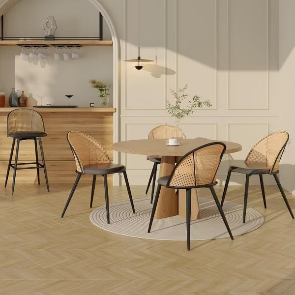 TYBOATLE Rattan Dining Chairs Set of 4, Black Mid-Century Modern Chairs with Faux Leather Cushion & Adjustable Foot Pads for Kitchen or Dining Room