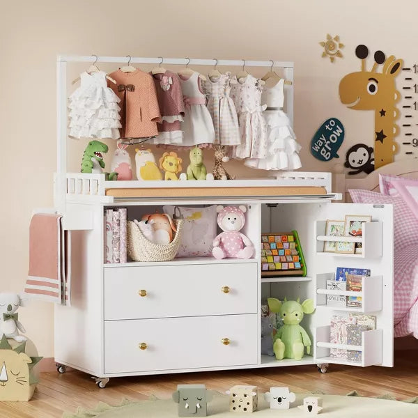 PAKASEPT Baby Changing Table, Infant Diaper Changing Station with Wheels, Table Top & Clothes Rail, and 2 Drawers and Cabinet