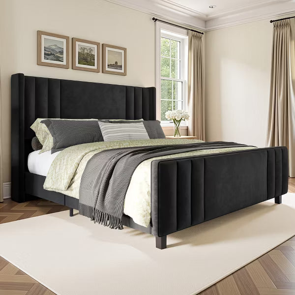 AMERLIFE Velvet Upholstered Platform Bed with Vertical Channel Tufted Headboard/Wingback