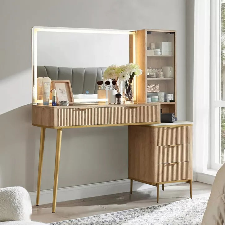Fluted Makeup Vanity Tables with 36" HD Lighted Mirror, 48" Big Modern Vanity Desk with Glass Top & 5 Drawers & Shelves, Dressing Table