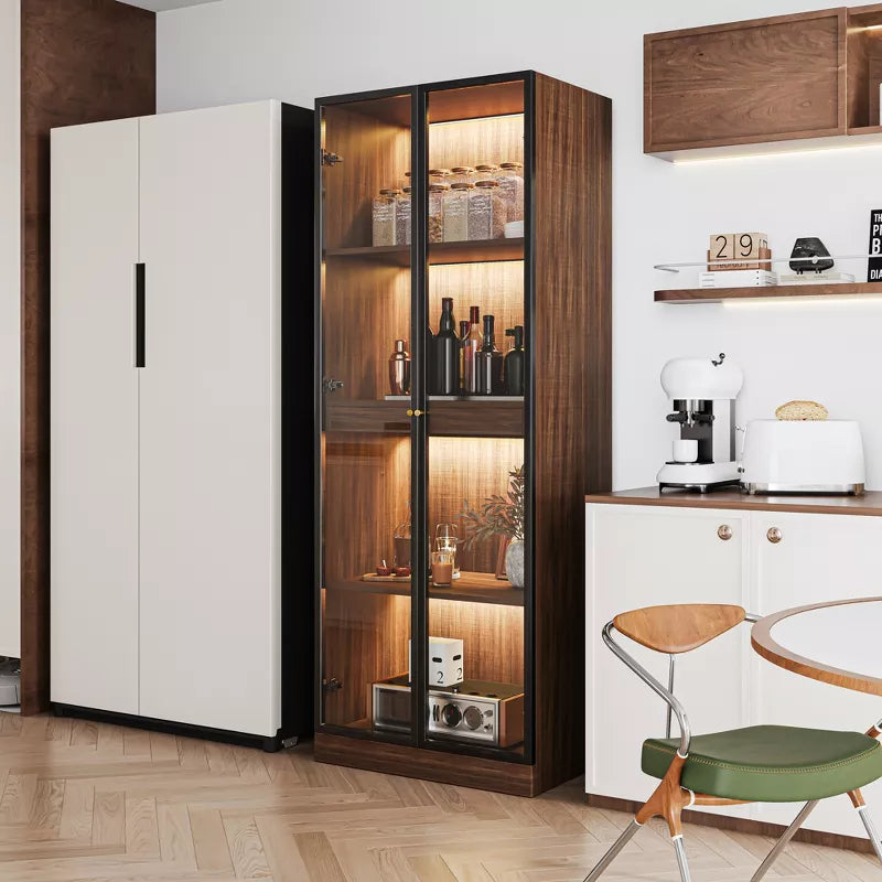 ATJafurn 23.6'' Glass Display China Cabinet With Pull-Out Bar Shelf, Dining Cabinet With Glass Doors