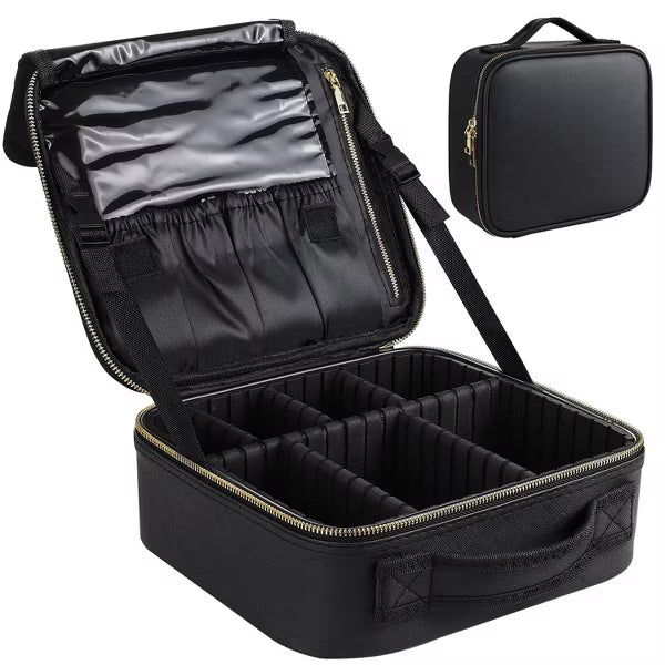 Travel Makeup Bag Organizer With Adjustable Dividers,Waterproof Shockproof Handbag, Black