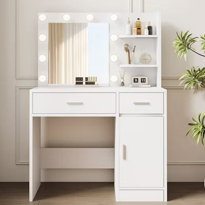 HYLEORY Vanity Desk with Mirror, Power Outlet and 10 Lights, Makeup Table with 3 Drawers,3 Color Modes Available for Bedroom