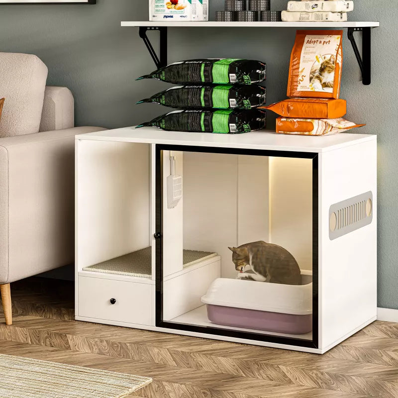 ATJafurn 37.4''Cat Litter Box Enclosure Furniture Style White Cat Cabinet Side Table with Storage Space For Living Room