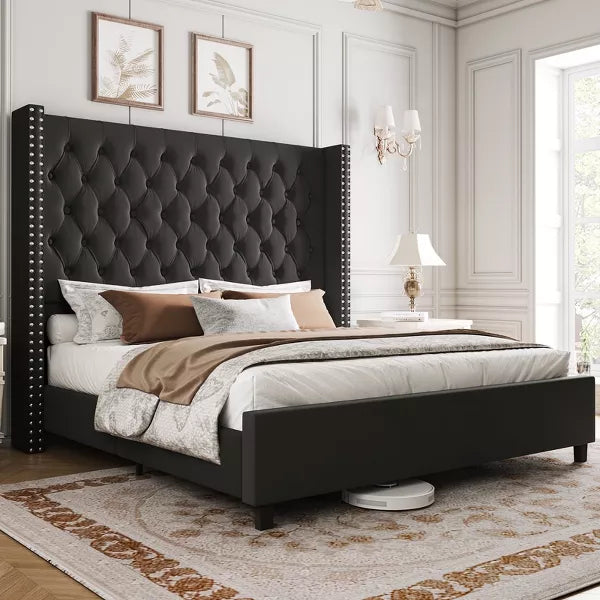 Bed Frame with 61.4" Headboard,Velvet Tufted and Handmade Pleat Deep Button