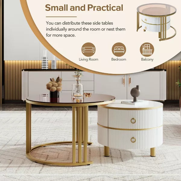 Wooakway Nesting Coffee Table Set of 2, Brown Tempered Glass, High Gloss Marble Tabletop, 2 Drawers, Golden Frame, Round Center Table for Home, Office